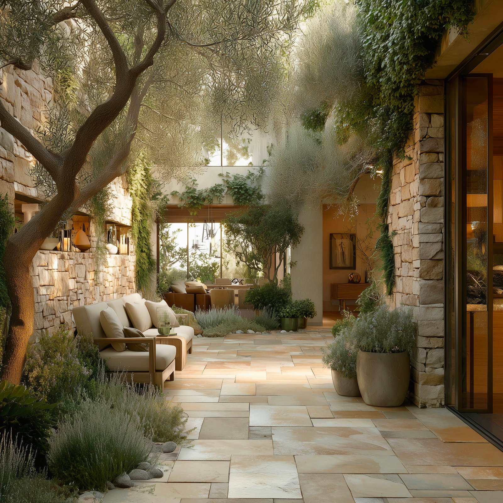 Indoor-outdoor living space blending architecture and garden, illustrating symbiotic living and spatial continuity.